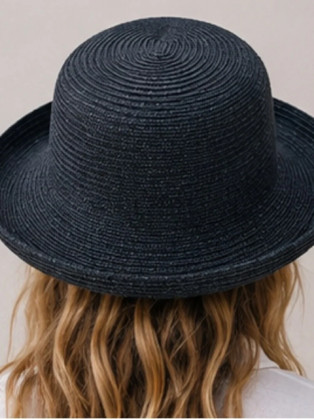 Chico's Navy Blue Black Woven Straw Sun Hat Kettle Brim Classic